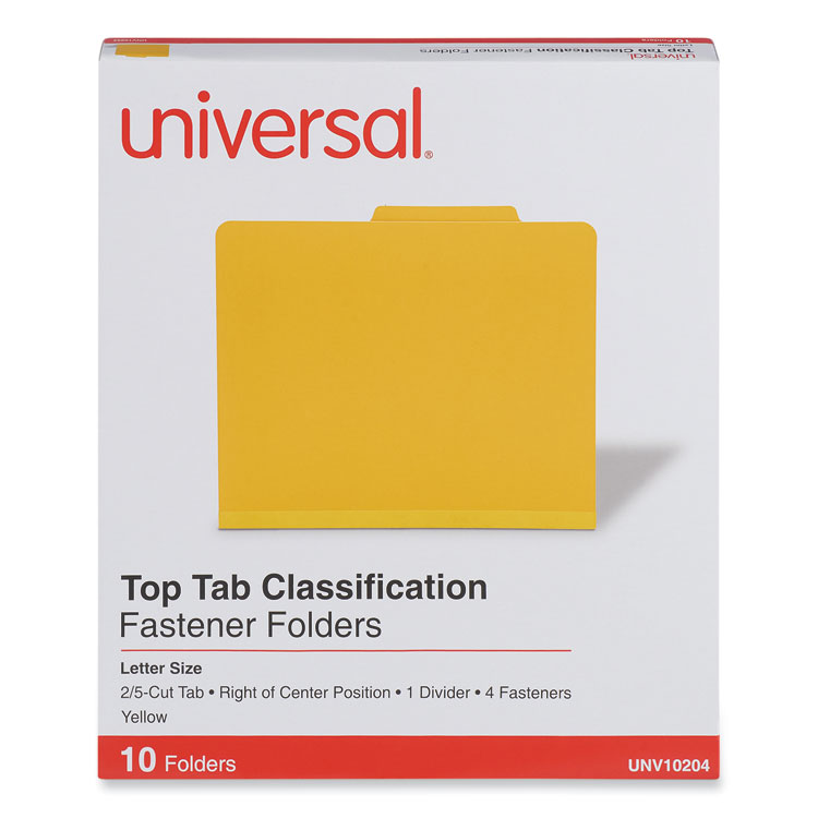 Universal Bright Colored Pressboard Classification Folders, 2" Expansion, 1 Divider, 4 Fasteners, Letter Size, Yellow Exterior, 10/Box (UNV10204)