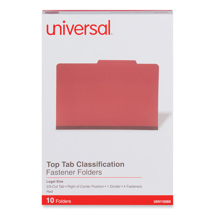 Universal Four-Section Pressboard Classification Folders, 2" Expansion, 1 Divider, 4 Fasteners, Legal Size, Red Exterior, 10/Box (UNV10260)