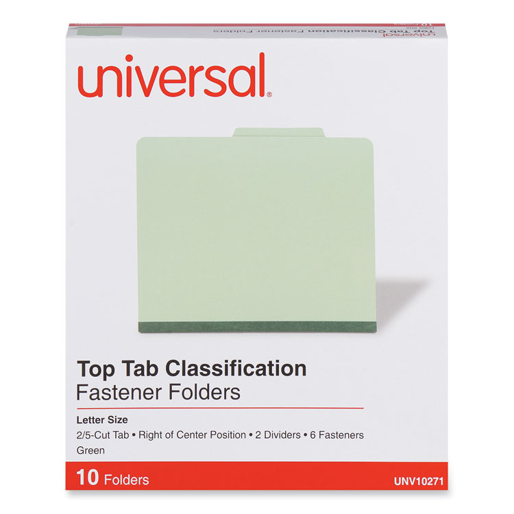 Universal Six-Section Pressboard Classification Folders, 2" Expansion, 2 Dividers, 6 Fasteners, Letter Size, Green Exterior, 10/Box (UNV10271)