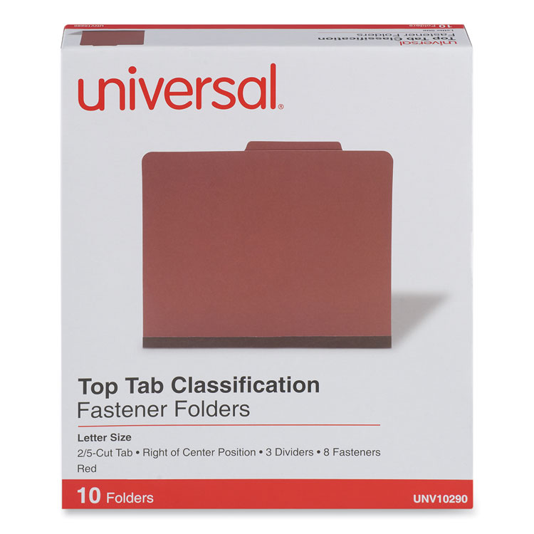 Universal Eight-Section Pressboard Classification Folders, 3" Expansion, 3 Dividers, 8 Fasteners, Letter Size, Red Exterior, 10/Box (UNV10290)