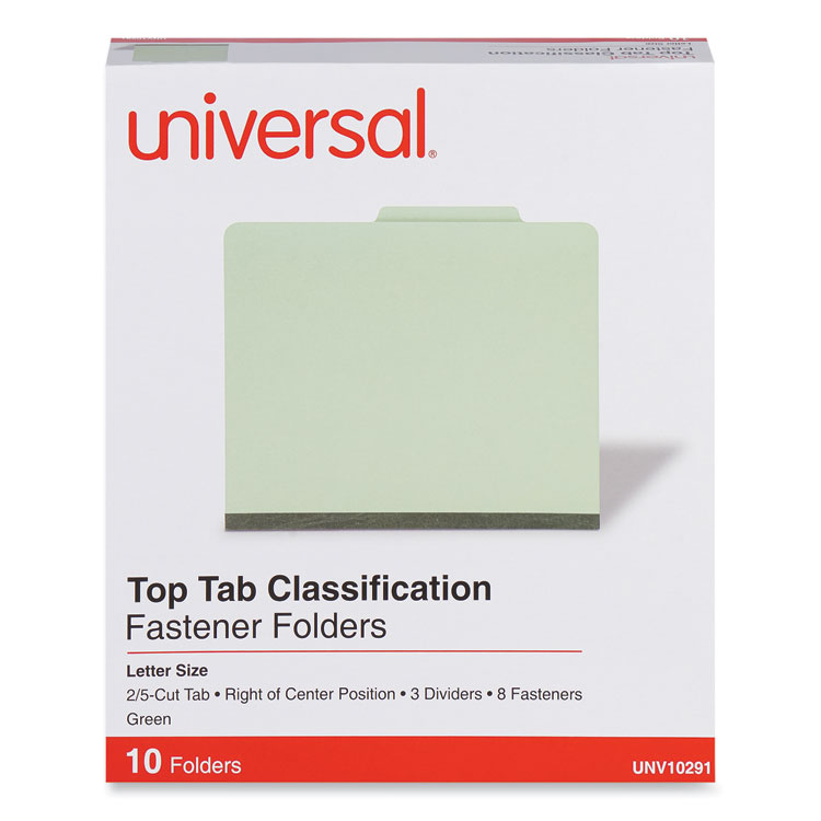 Universal Eight-Section Pressboard Classification Folders, 3" Expansion, 3 Dividers, 8 Fasteners, Letter Size, Green Exterior, 10/Box (UNV10291)
