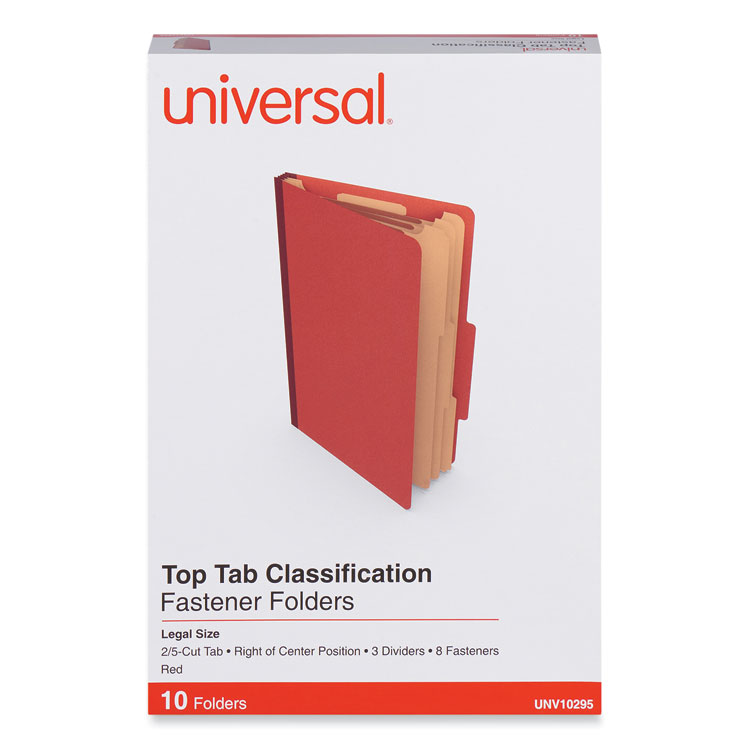 Universal Eight-Section Pressboard Classification Folders, 3" Expansion, 3 Dividers, 8 Fasteners, Legal Size, Red Exterior, 10/Box (UNV10295)