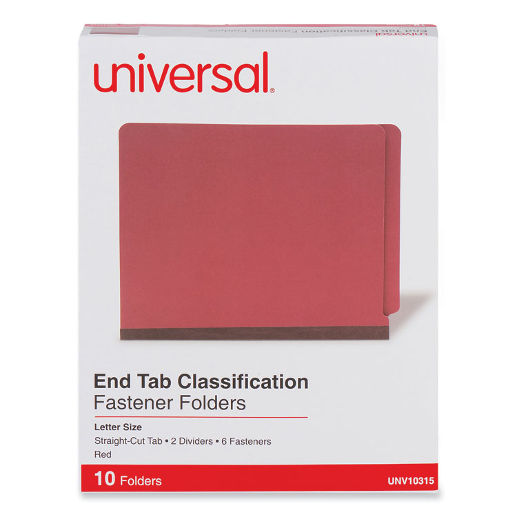 Universal Red Pressboard End Tab Classification Folders, 2" Expansion, 2 Dividers, 6 Fasteners, Letter Size, Red Exterior, 10/Box (UNV10315)