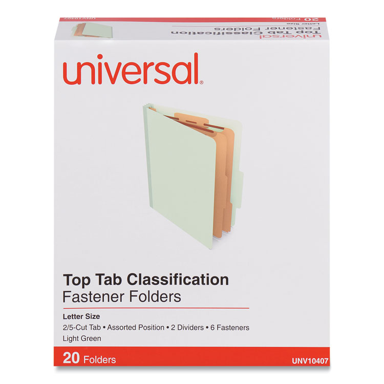 Universal Six-Section Classification Folders, Heavy-Duty Pressboard Cover, 2 Dividers, 6 Fasteners, Letter Size, Light Green, 20/Box (UNV10407)