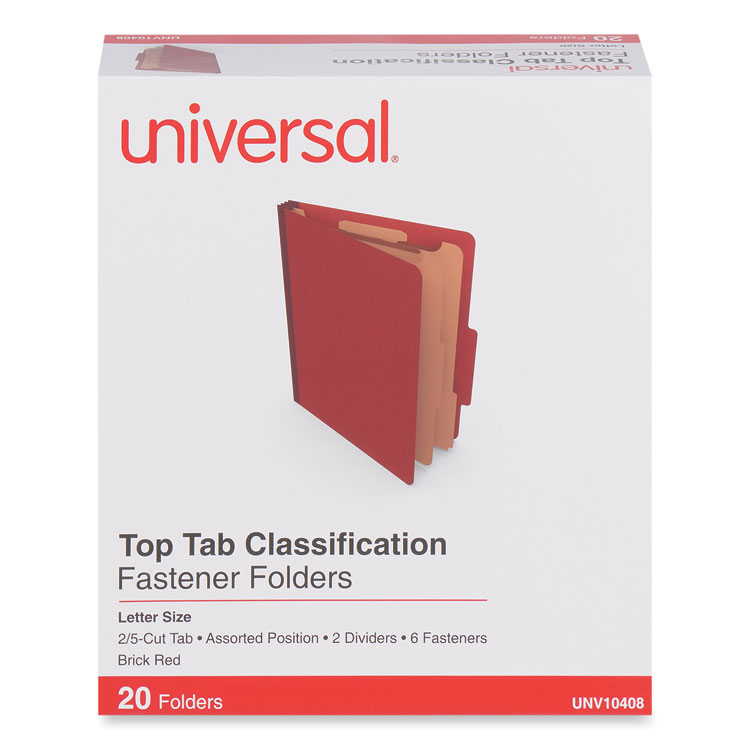 Universal Six-Section Classification Folders, Heavy-Duty Pressboard Cover, 2 Dividers, 6 Fasteners, Letter Size, Brick Red, 20/Box (UNV10408)