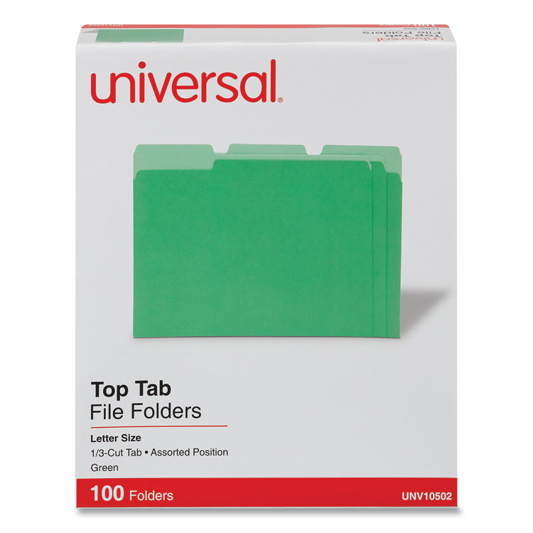 Universal Deluxe Colored Top Tab File Folders, 1/3-Cut Tabs: Assorted, Letter Size, Green/Light Green, 100/Box (UNV10502)