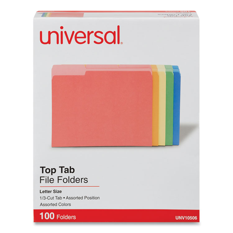 Universal Deluxe Colored Top Tab File Folders, 1/3-Cut Tabs: Assorted, Letter Size, Assorted Colors, 100/Box (UNV10506)