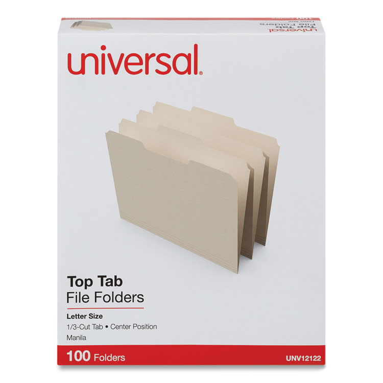Universal Top Tab File Folders, 1/3-Cut Tabs: Center Position, Letter Size, 0.75" Expansion, Manila, 100/Box (UNV12122)
