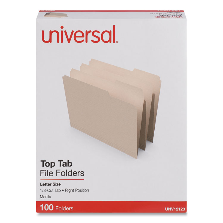 Universal Top Tab File Folders, 1/3-Cut Tabs: Right Position, Letter Size, 0.75" Expansion, Manila, 100/Box (UNV12123)