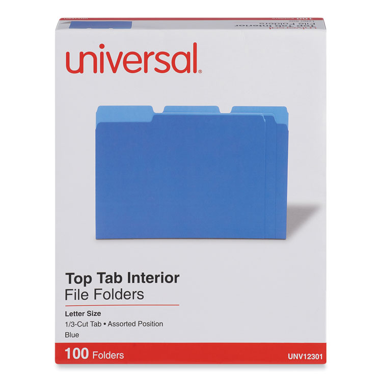 Universal Interior File Folders, 1/3-Cut Tabs: Assorted, Letter Size, 11-pt Stock, Blue, 100/Box (UNV12301)