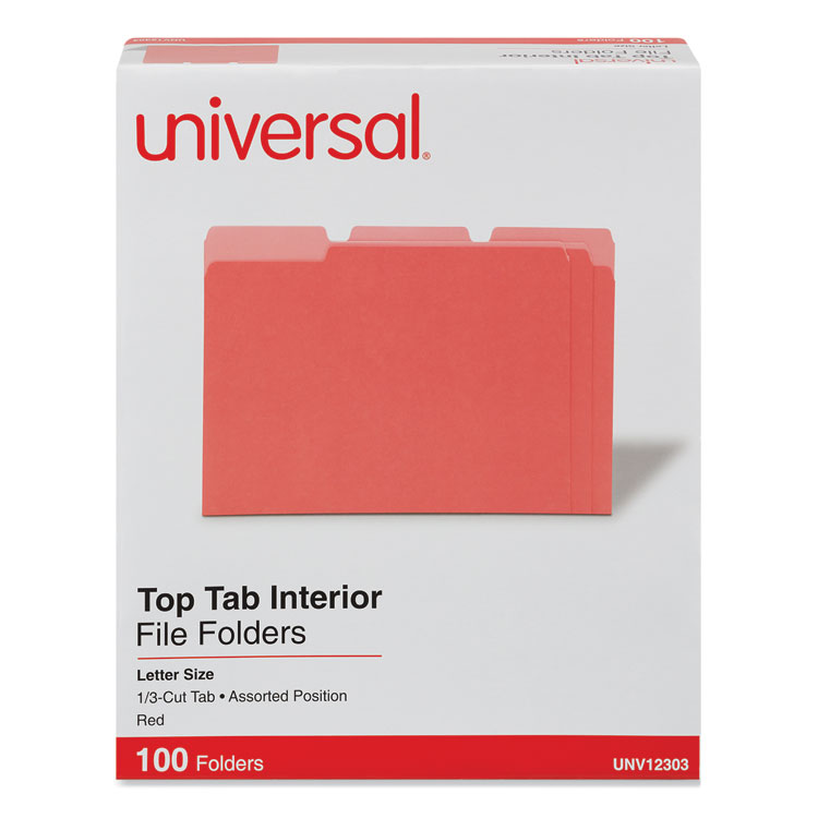 Universal Interior File Folders, 1/3-Cut Tabs: Assorted, Letter Size, 11-pt Stock, Red, 100/Box (UNV12303)