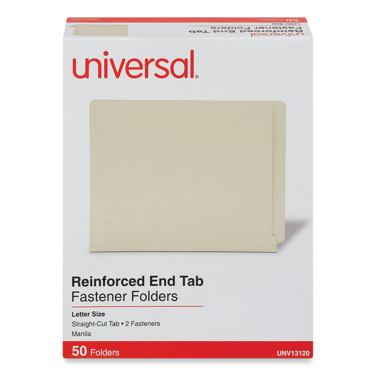 Universal Reinforced End Tab Fastener Folders, 0.75" Expansion, 2 Fasteners, Letter Size, Manila Exterior, 50/Box (UNV13120)