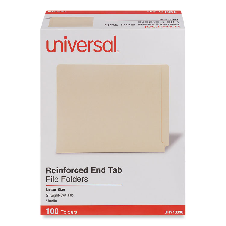 Universal Deluxe Reinforced End Tab Folders, Straight Tabs, Letter Size, 0.75" Expansion, Manila, 100/Box (UNV13330)