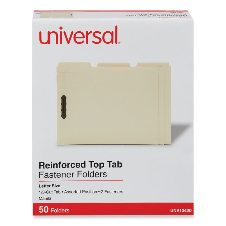 Universal Deluxe Reinforced Top Tab Fastener Folders, 0.75" Expansion, 2 Fasteners, Letter Size, Manila Exterior, 50/Box (UNV13420)