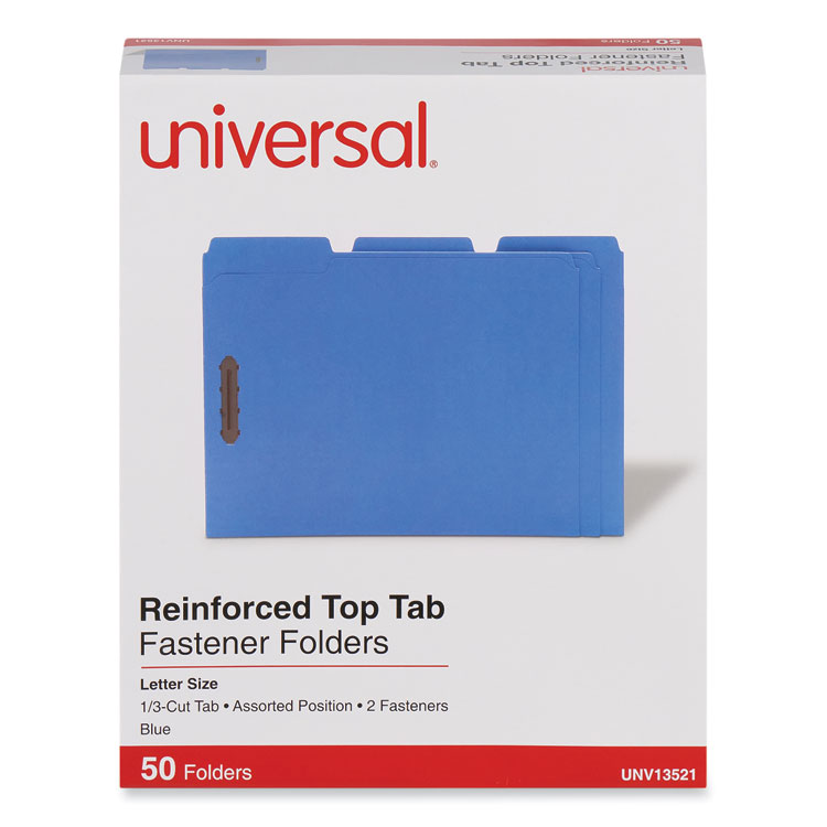 Universal Deluxe Reinforced Top Tab Fastener Folders, 0.75" Expansion, 2 Fasteners, Letter Size, Blue Exterior, 50/Box (UNV13521)