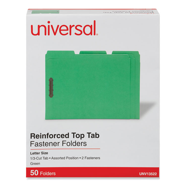 Universal Deluxe Reinforced Top Tab Fastener Folders, 0.75" Expansion, 2 Fasteners, Letter Size, Green Exterior, 50/Box (UNV13522)