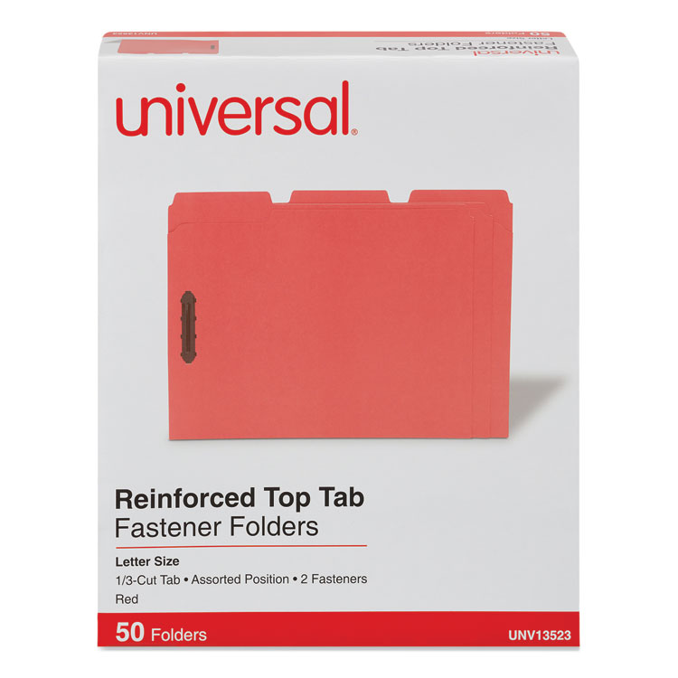 Universal Deluxe Reinforced Top Tab Fastener Folders, 0.75" Expansion, 2 Fasteners, Letter Size, Red Exterior, 50/Box (UNV13523)