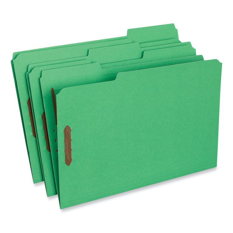 Universal Deluxe Reinforced Top Tab Fastener Folders, 0.75" Expansion, 2 Fasteners, Legal Size, Green Exterior, 50/Box (UNV13526)