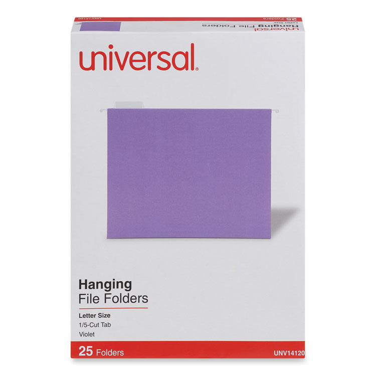 Universal Deluxe Bright Color Hanging File Folders, Letter Size, 1/5-Cut Tabs, Violet, 25/Box (UNV14120)