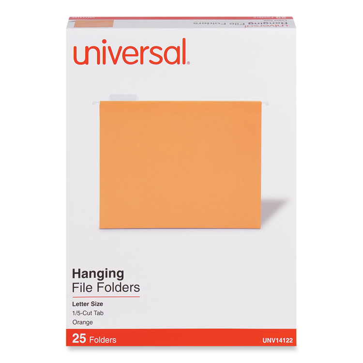Universal Deluxe Bright Color Hanging File Folders, Letter Size, 1/5-Cut Tabs, Orange, 25/Box (UNV14122)