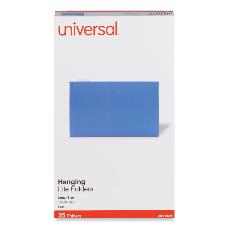 Universal Deluxe Bright Color Hanging File Folders, Legal Size, 1/5-Cut Tabs, Blue, 25/Box (UNV14216)