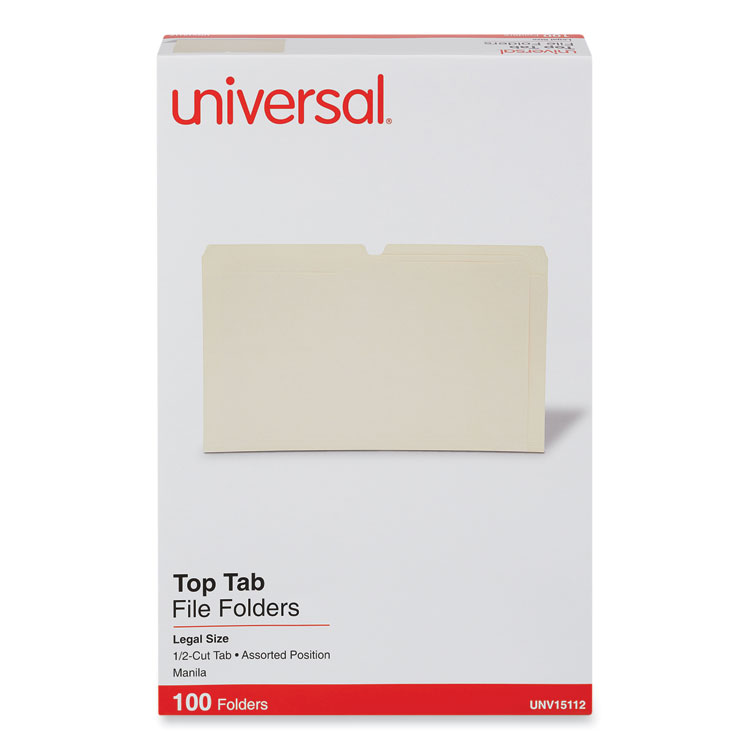 Universal Top Tab File Folders, 1/2-Cut Tabs: Assorted, Legal Size, 0.75" Expansion, Manila, 100/Box (UNV15112)