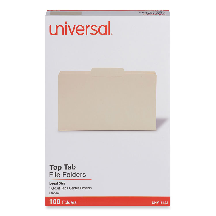 Universal Top Tab File Folders, 1/3-Cut Tabs: Center Position, Legal Size, 0.75" Expansion, Manila, 100/Box (UNV15122)