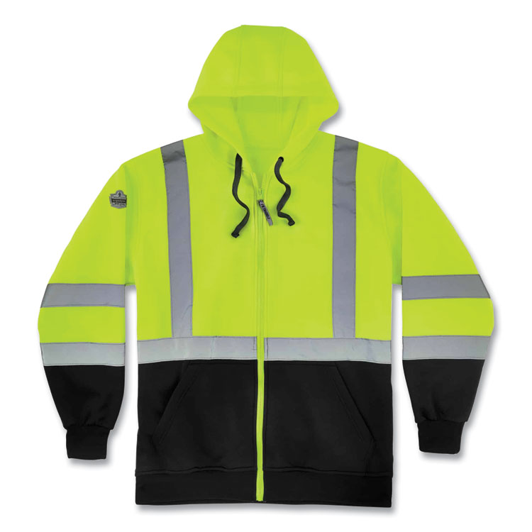 ergodyne GloWear 8372 ZipUp HiVis Class 3 Zip Hooded Sweatshirt with Black Bottom, Polar Fleece, Lime, 5X-Large (EGO21849)