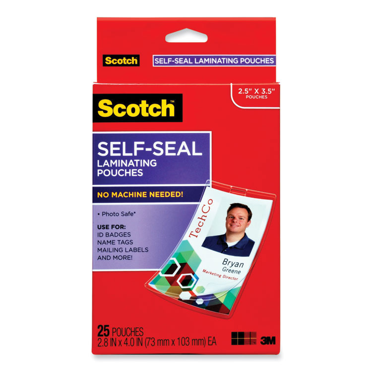 Scotch Self-Sealing Laminating Pouches, 12.5 mil, 2.31" x 4.06", Gloss Clear, 25/Pack (MMMLS852G)