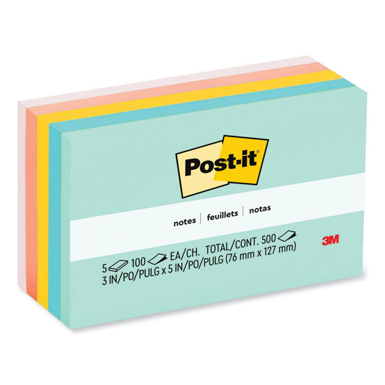 Post-it Notes Original Pads in Beachside Cafe Collection Colors, 3" x 5", 100 Sheets/Pad, 5 Pads/Pack (MMM655AST)