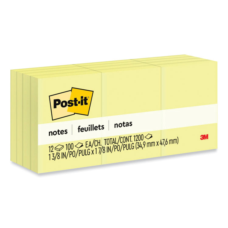 Post-it Notes Original Pads in Canary Yellow, 1.38" x 1.88", 100 Sheets/Pad, 12 Pads/Pack (MMM653YW)