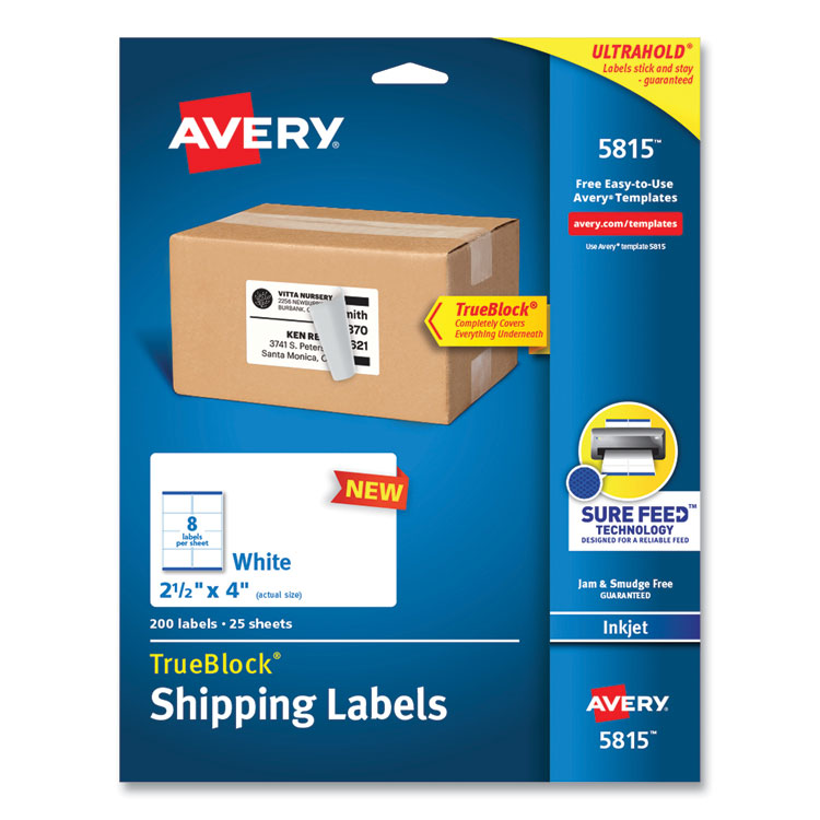 Avery Shipping Labels with TrueBlock Technology, Inkjet Printers, 2.5 x 4, White, 8 Labels/Sheet, 25 Sheets/Pack (AVE5815)