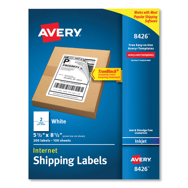 Avery Shipping Labels with TrueBlock Technology, Inkjet Printers, 5.5 x 8.5, White, 2 Labels/Sheet, 100 Sheets/Pack, 2 Packs (AVE8426)