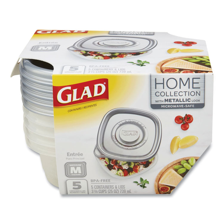 Glad Home Collection Food Storage Containers with Lids, Medium Square, 25 oz, Clear/Metallic, Plastic, 5/Pack (CLOXZA60795)