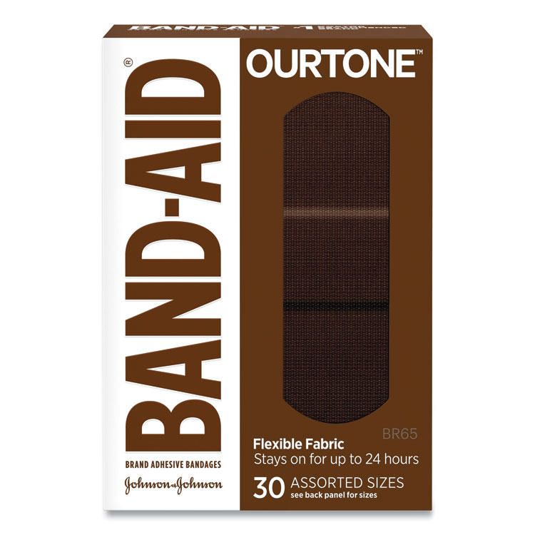 BAND-AID OurTone Adhesive Bandages, BR65, 2.25 x 0.63; 3 x 0.75; 3 x 1, Deep Brown, 30/Pack (JOJ119587)