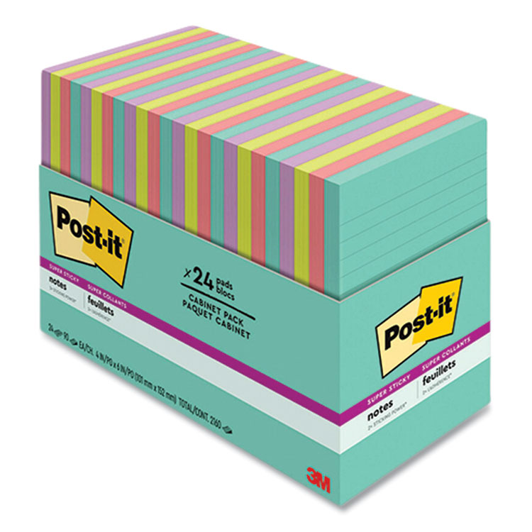 Post-it Notes Super Sticky Pads in Supernova Neon Collection Colors, Note Ruled, Cabinet Pack, 4" x 6", 45 Sheets/Pad, 24 Pads/Pack (MMM66024SSMIACP)