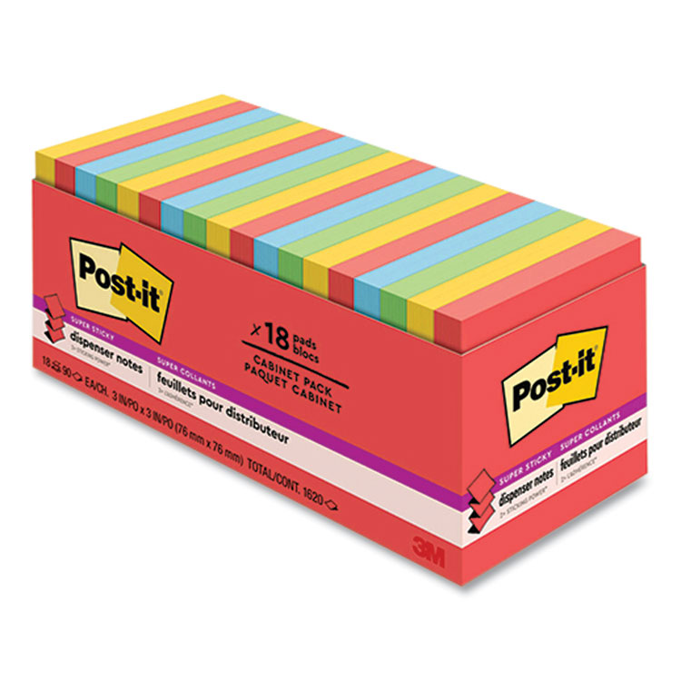 Post-it Notes Super Sticky Pads in Playful Primary Collection Colors, Cabinet Pack, 3" x 3", 90 Sheets/Pad, 18 Pads/Pack (MMMR33018SSANCP)