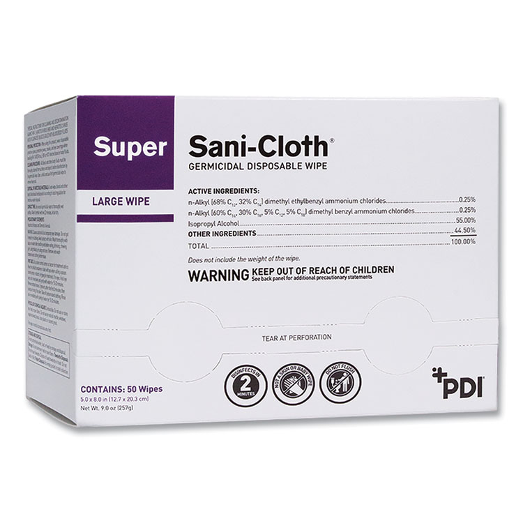 Sani Professional Super Sani-Cloth Individually Wrapped Germicidal Disposable Wipes, Large, 1-Ply, 5 x 8, Unscented, White, 50/Pack (PDIH04082)