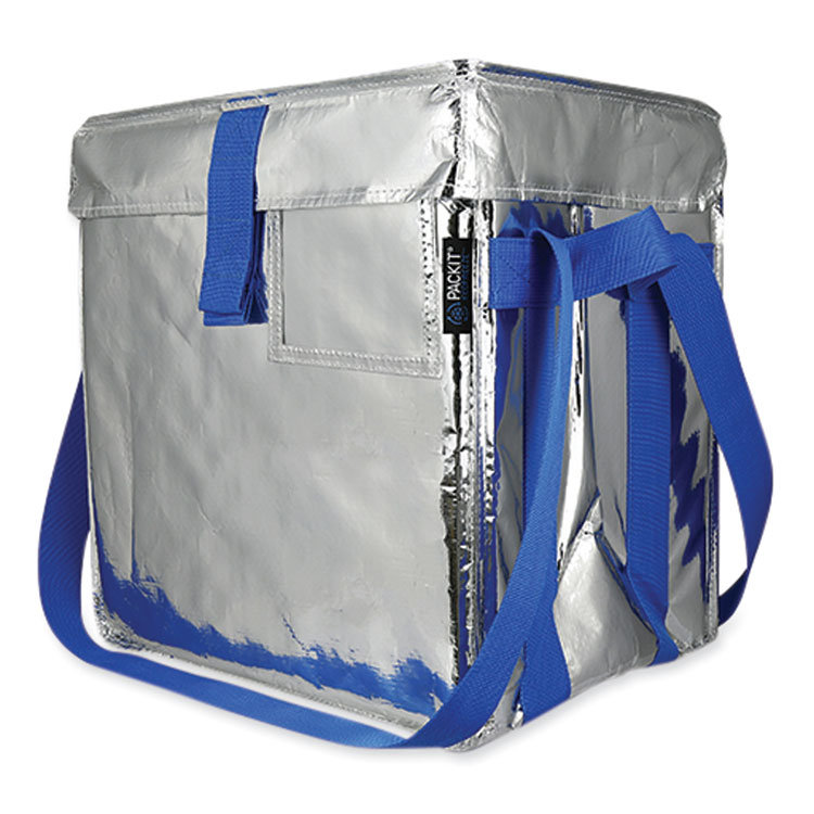 PackIt Fresh Eco Freeze Tote, (2) Blue Nylon Shoulder Straps, (2) Blue Nylon Strap Handles, 13.5" x 9" x 13", Silver/Blue, 4/Carton (PKFUDMAG)