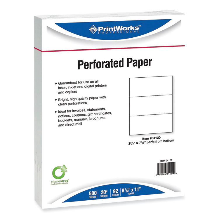 PrintWorks Professional Perforated and Punched Paper, 20 lb Bond Weight, 8.5 x 11, White, 500/Ream, 5 Reams/Carton (PRB04120CT)