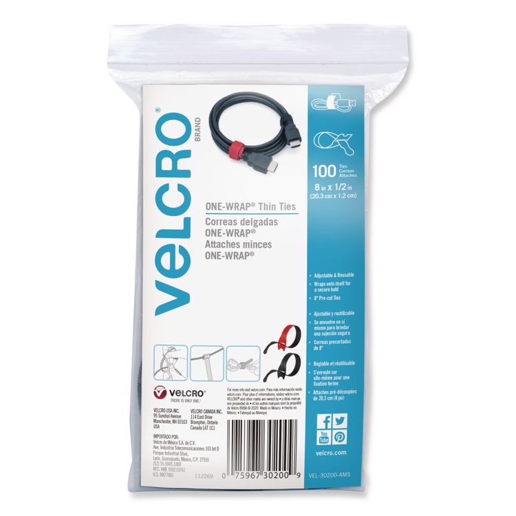 VELCRO Brand ONE-WRAP Ties and Straps, 0.5" x 8", Black;Red, 100/Pack (VEK30200)