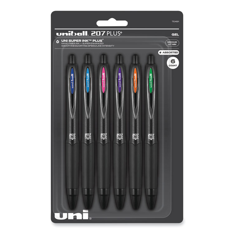 uniball 207 Plus+ Gel Pen, Retractable, Medium 0.7 mm, Assorted Inspirational Ink Colors, Black Barrel, 6/Pack (UBC70491)
