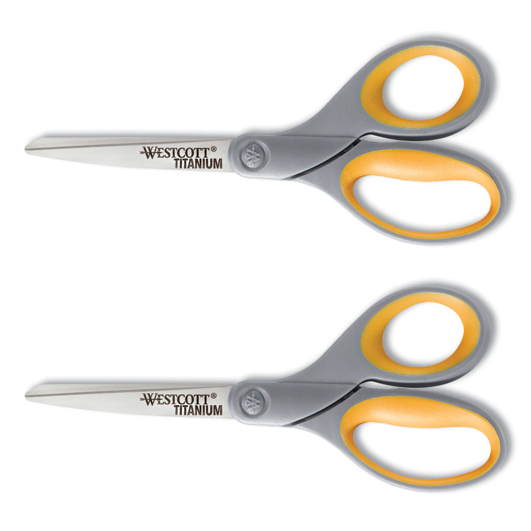 Westcott Titanium Bonded Scissors, 8" Long, 3.5" Cut Length, Straight Gray/Yellow Handle, 2/Pack (ACM13901)