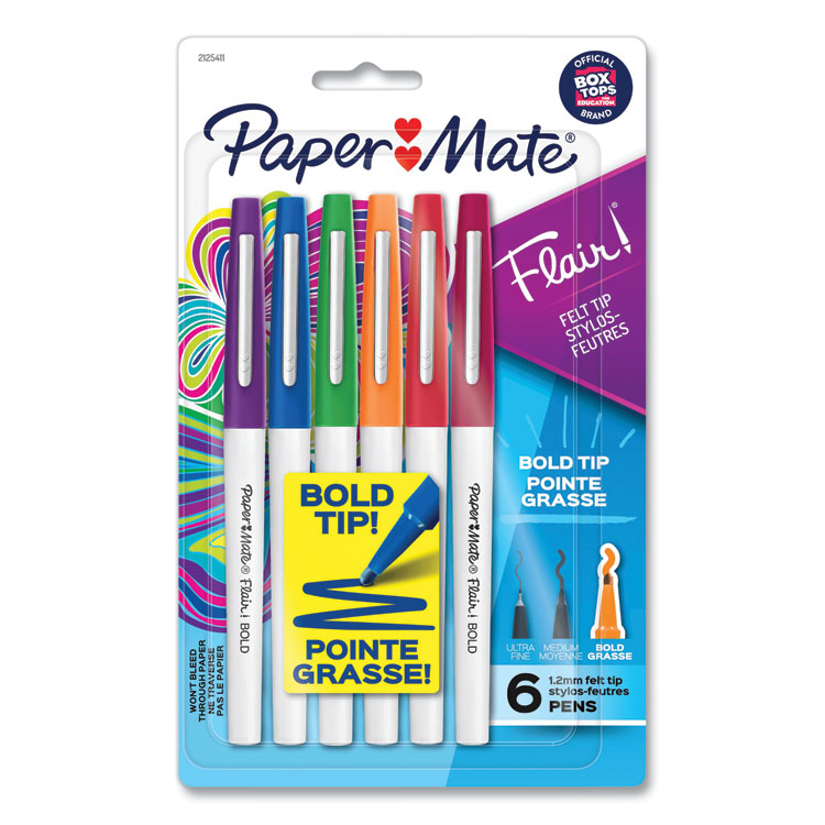 Paper Mate Flair Felt Tip Porous Point Pen, Stick, Bold 1.2 mm, Assorted Ink Colors, White Pearl Barrel, 6/Pack (PAP2125411)