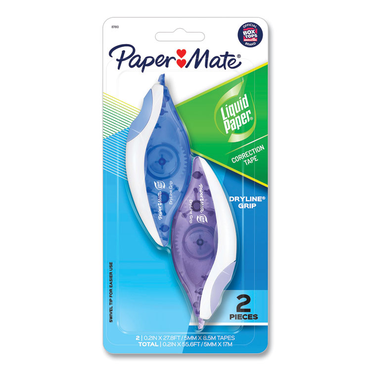 Paper Mate Liquid Paper DryLine Grip Correction Tape, Blue/Purple Applicators, 0.2" x 335", 2/Pack (PAP87813)