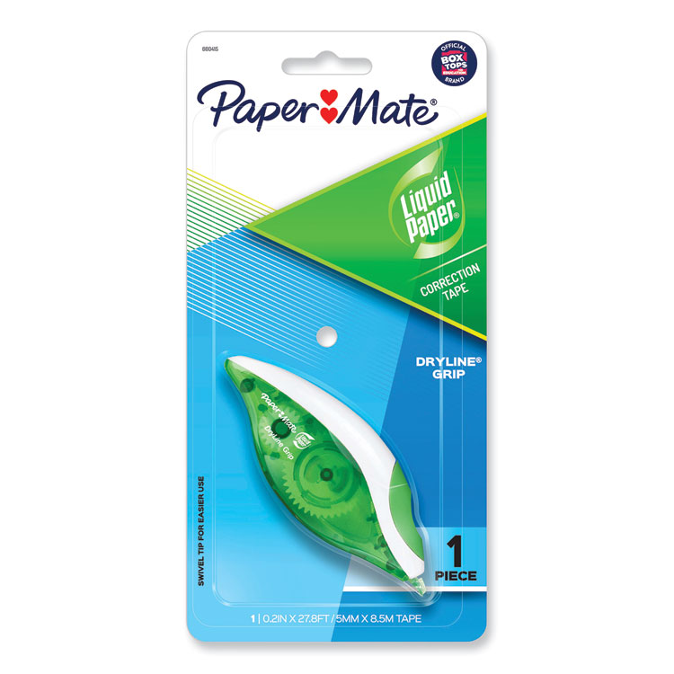 Paper Mate Liquid Paper DryLine Grip Correction Tape, Non-Refillable, Gray/Green Applicator, 0.2" x 335" (PAP660415K)