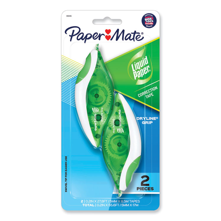 Paper Mate Liquid Paper DryLine Grip Correction Tape, Non-Refillable, Gray/Green Applicator, 0.2" x 335", 2/Pack (PAP662415K)