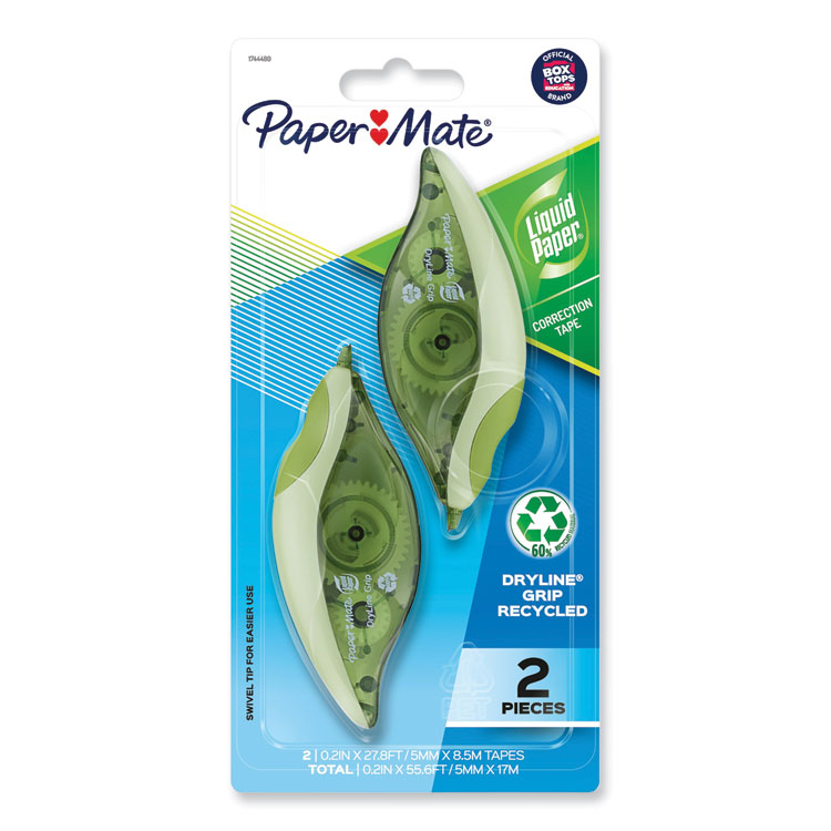 Paper Mate Liquid Paper DryLine Grip Correction Tape, Recycled Dispenser, Green/White Applicator, 0.2" x 335", 2/Pack (PAP1744480)