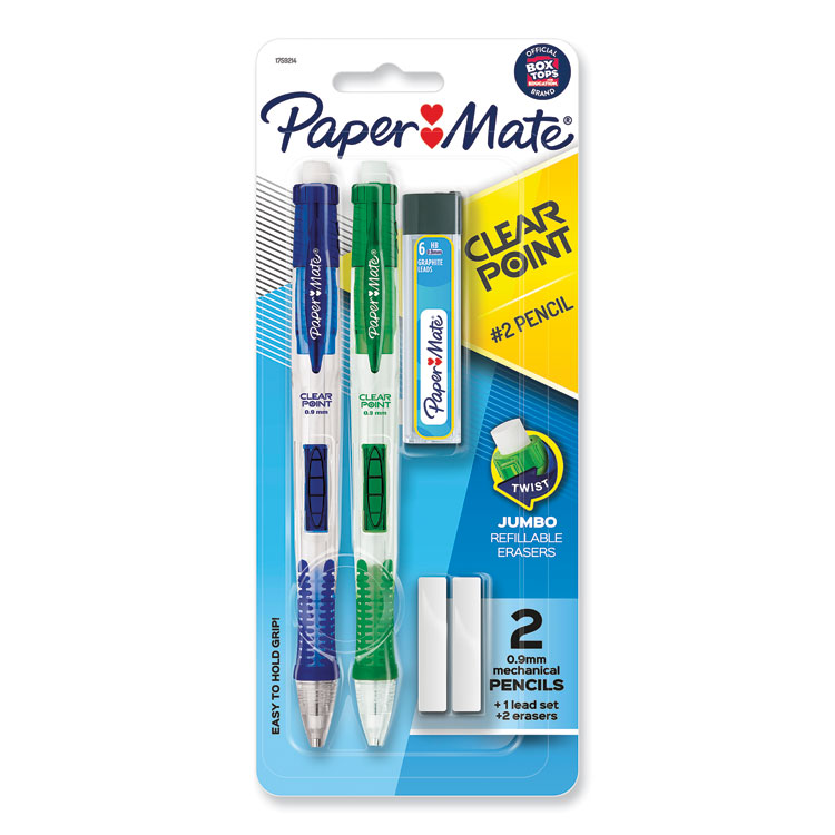 Paper Mate Clear Point Mechanical Pencils with Tube of Lead/Erasers, 0.9 mm, HB (#2), Black Lead, Assorted Barrel Colors, 2/Pack (PAP1759214)