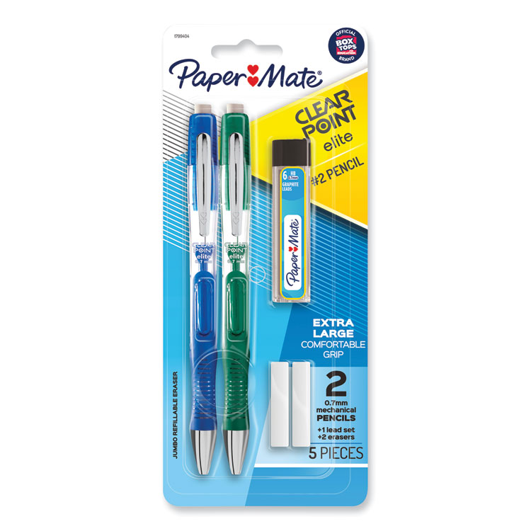 Paper Mate Clearpoint Elite Mechanical Pencils, 0.7 mm, HB (#2), Black Lead, Blue and Green Barrels, 2/Pack (PAP1799404)